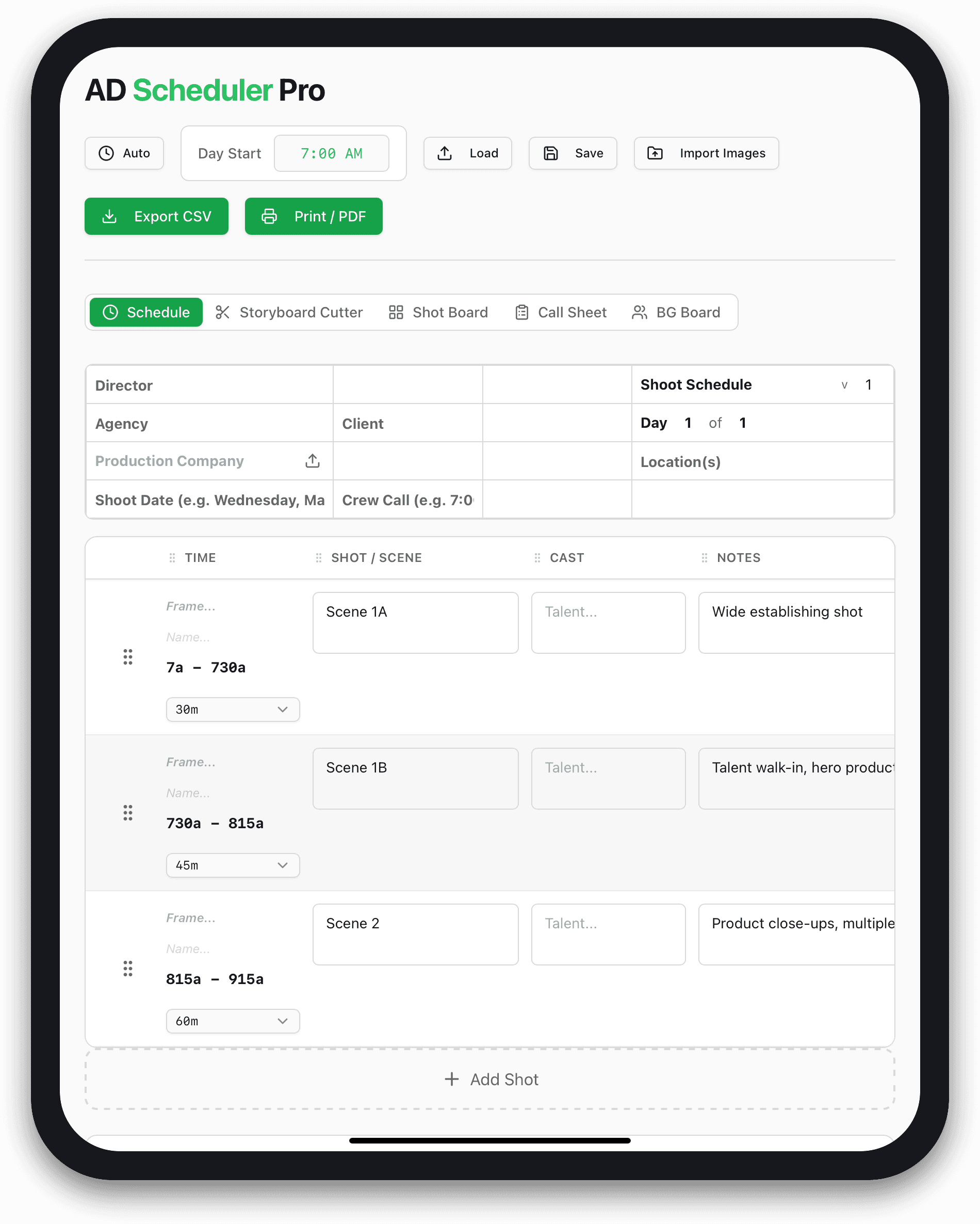 Build the day shot by shot, with timing, cast, and notes visible in one working schedule.