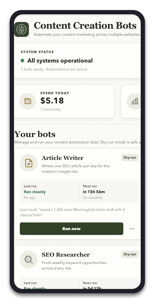 One dashboard: system status, today's spend, and every bot's next run and last result.