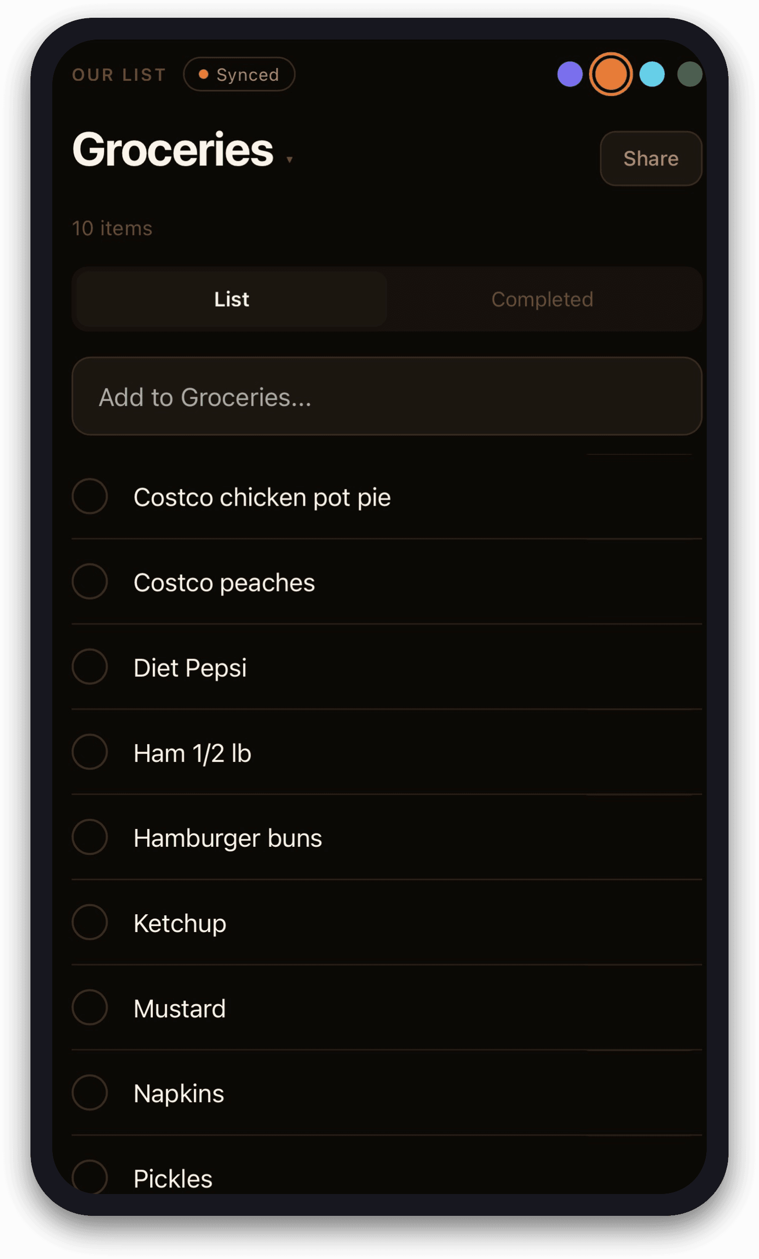 Grocery List: The shared list — synced in real time across every device.
