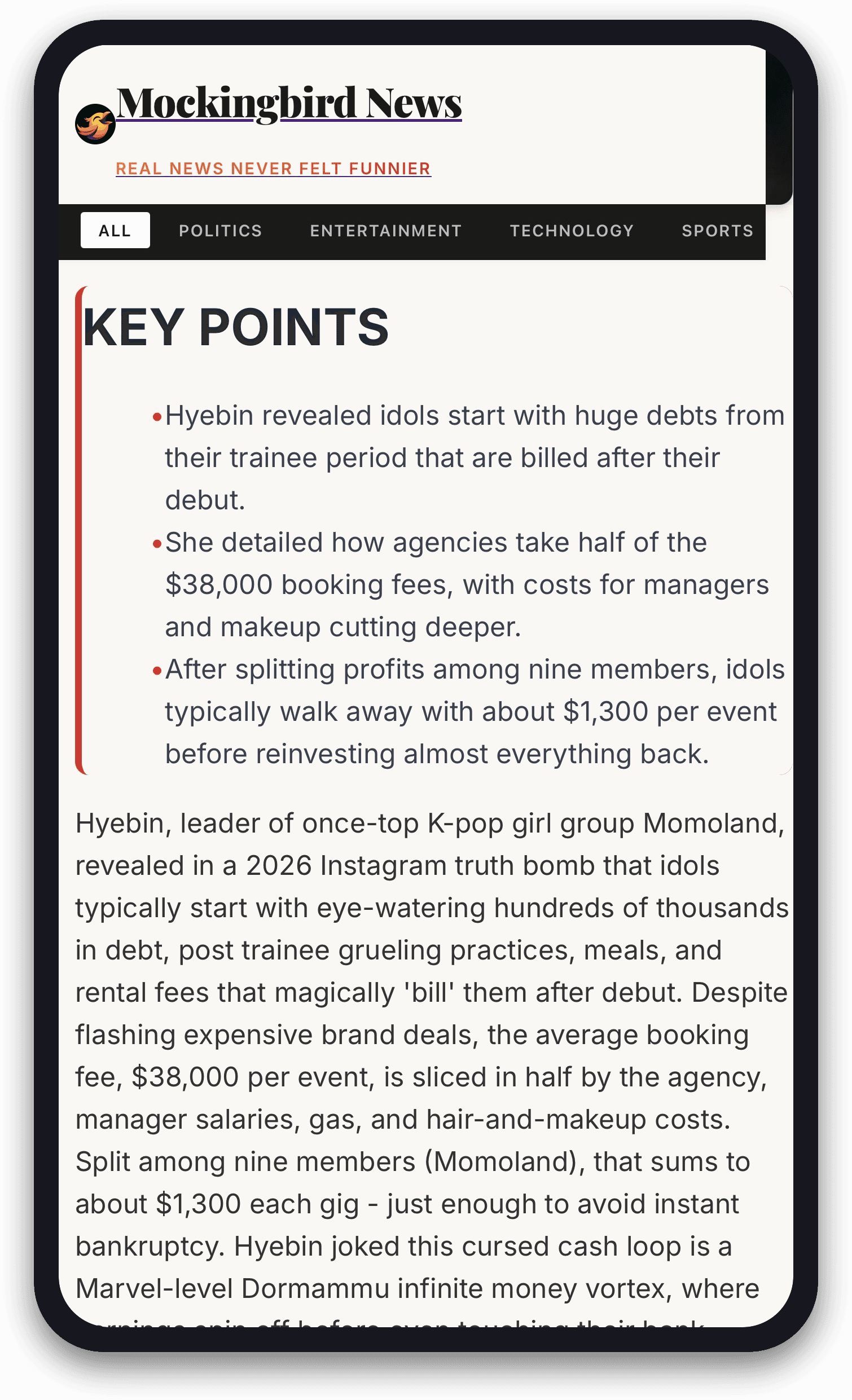 Article view — key points up top, satire woven into the real story.