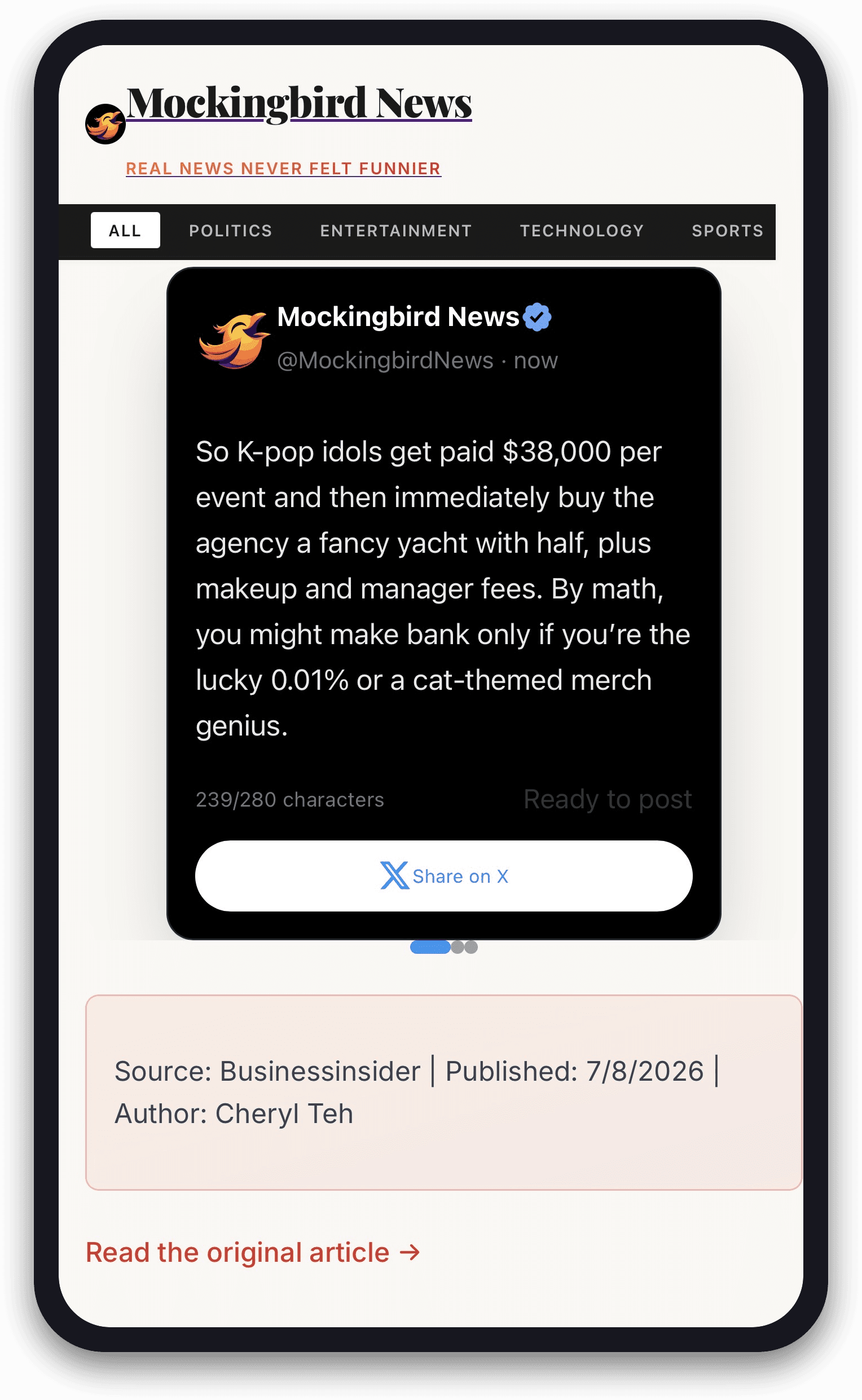 Auto-generated share card, ready to post straight to X.