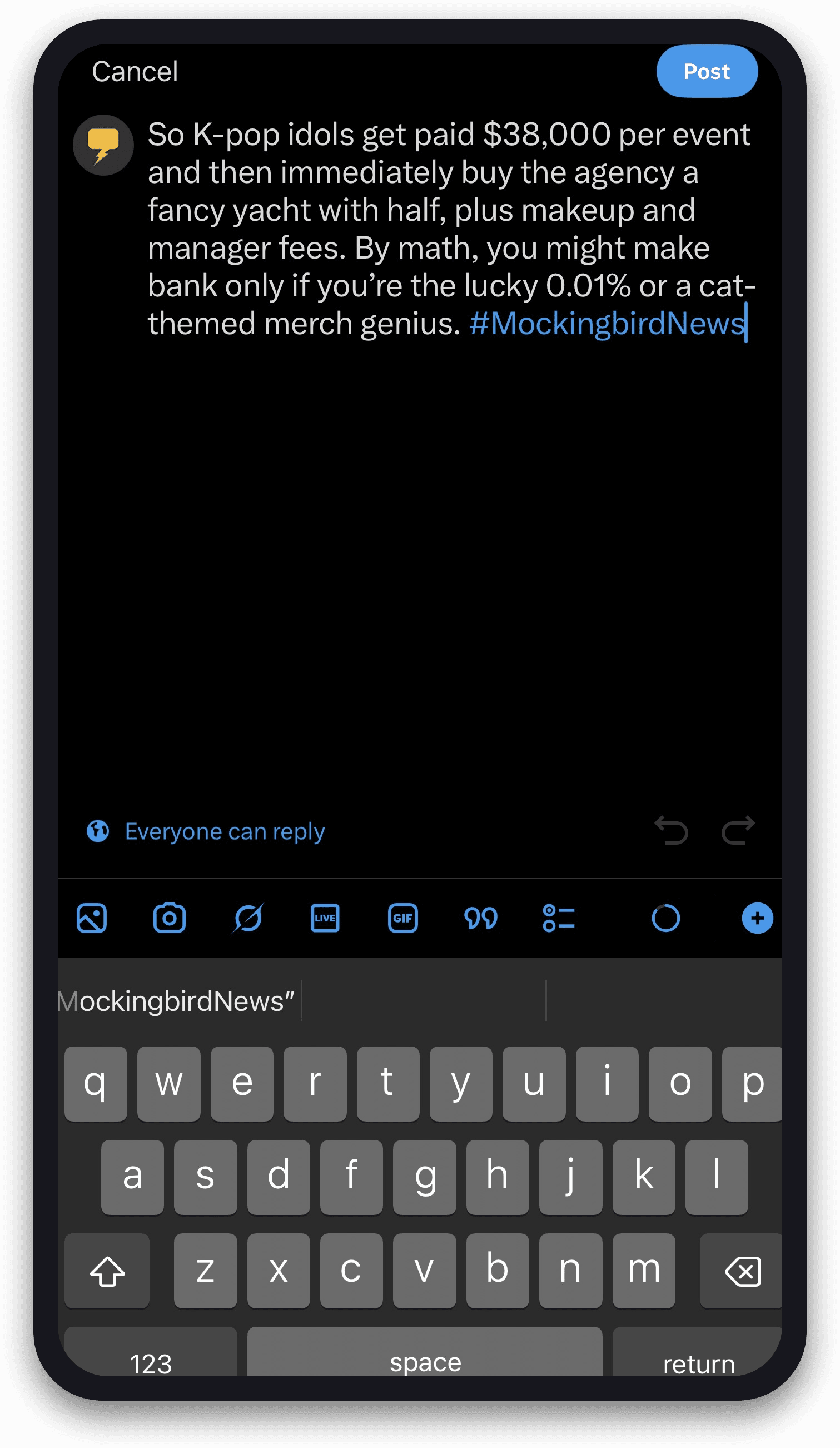 One-tap compose — the roast is pre-written, just hit post.