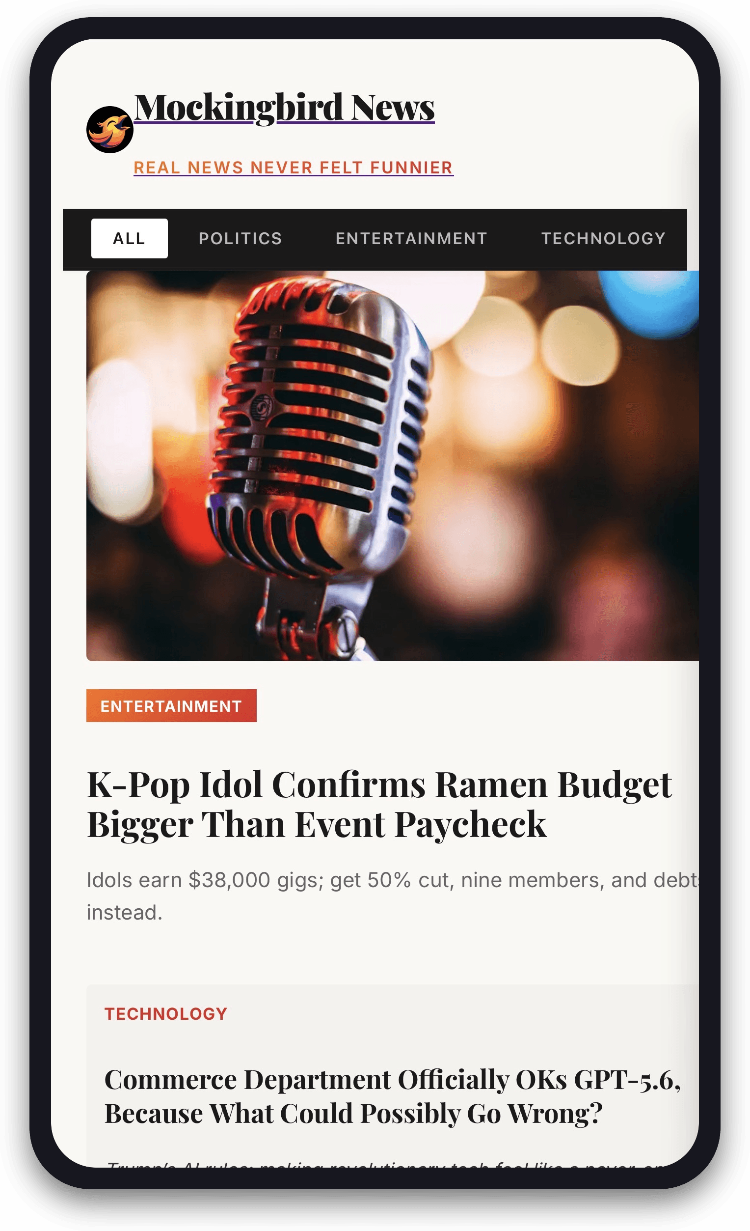 Homepage — real headlines, rewritten with a laugh.