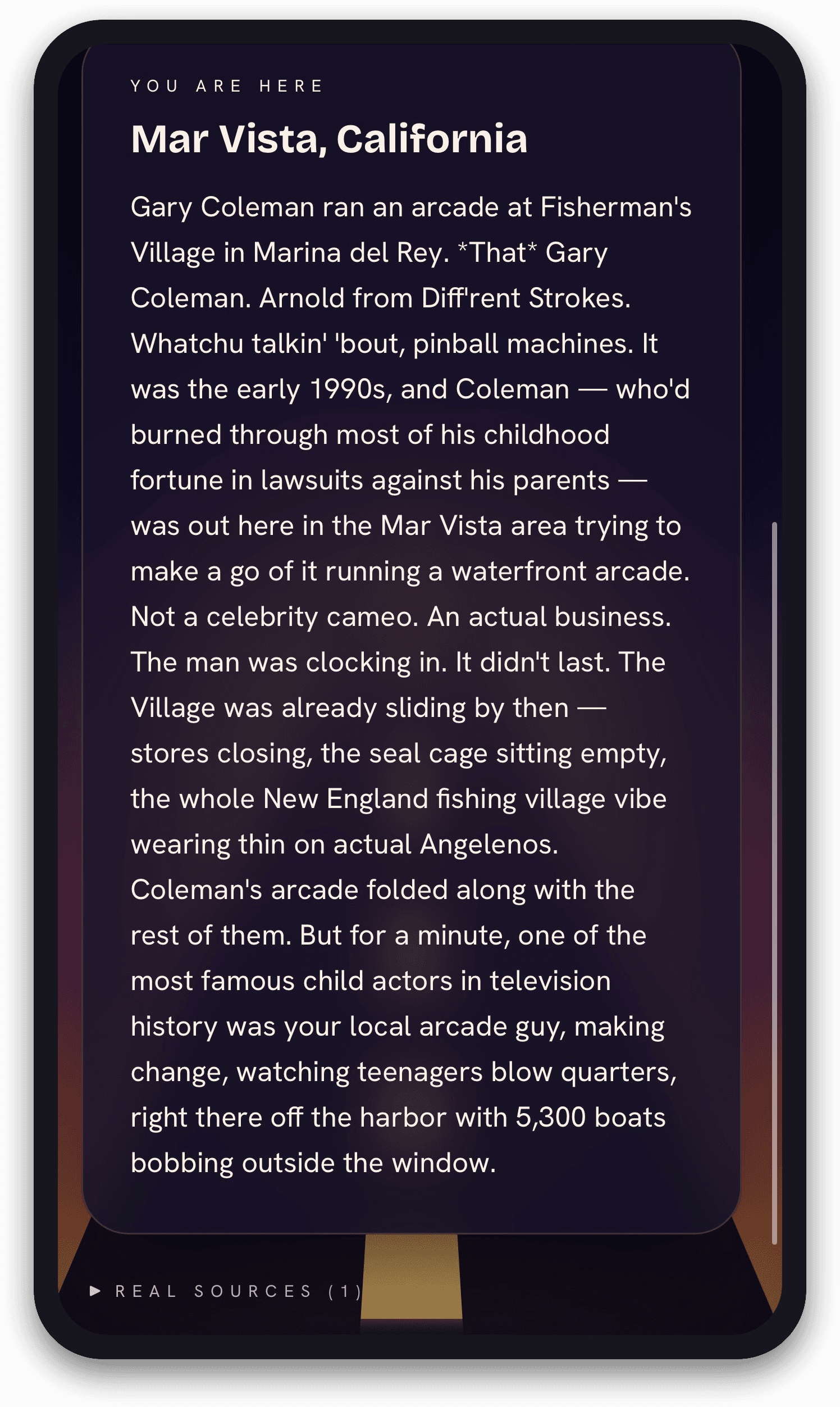 Story card — real local history, told like a friend telling it.