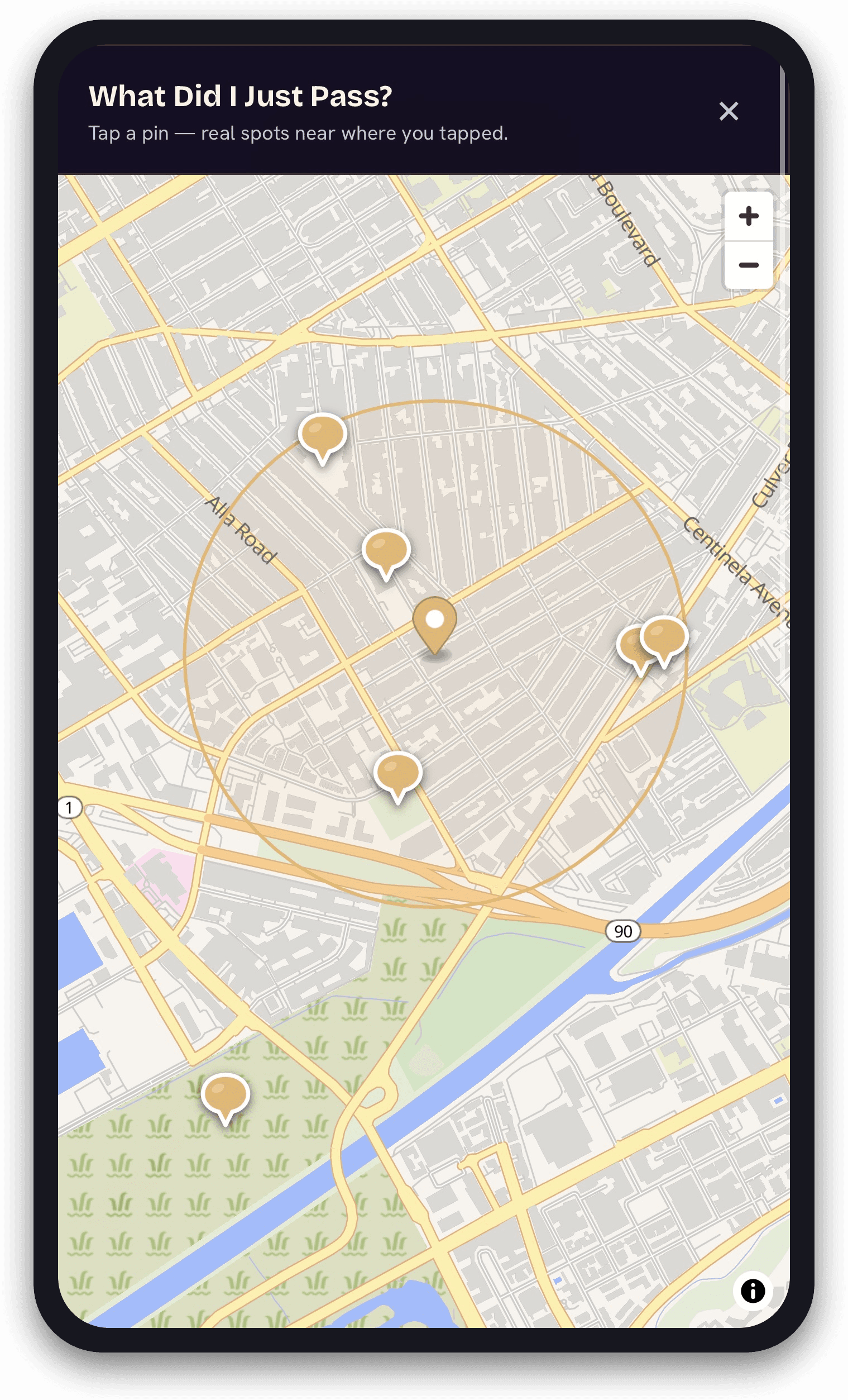 "What Did I Just Pass?" — map view of nearby stories.