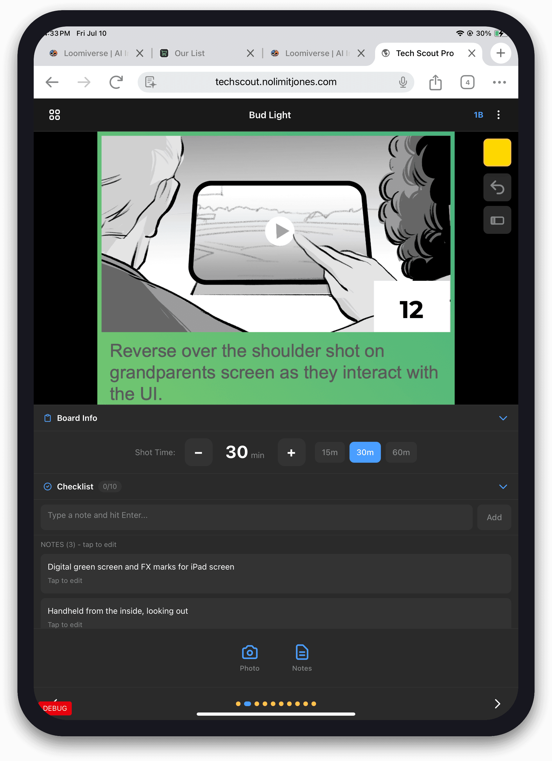 Running live on location—annotate the frame and log what matters while the scout is happening.