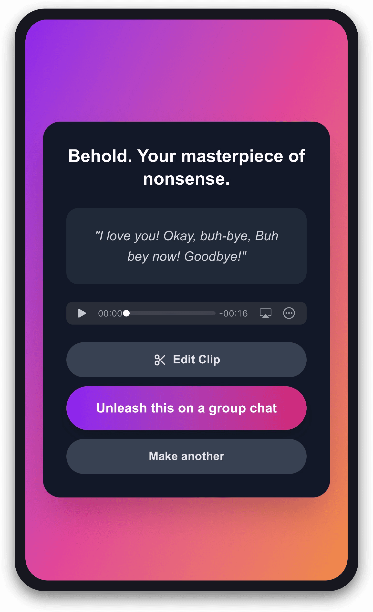 Your finished song, ready to preview and unleash on a group chat.