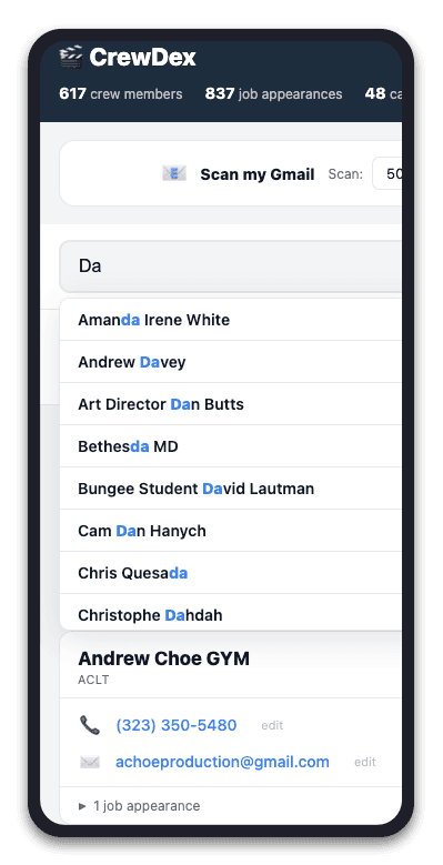 Start typing a name and CrewDex finds them instantly across every job you've ever worked.