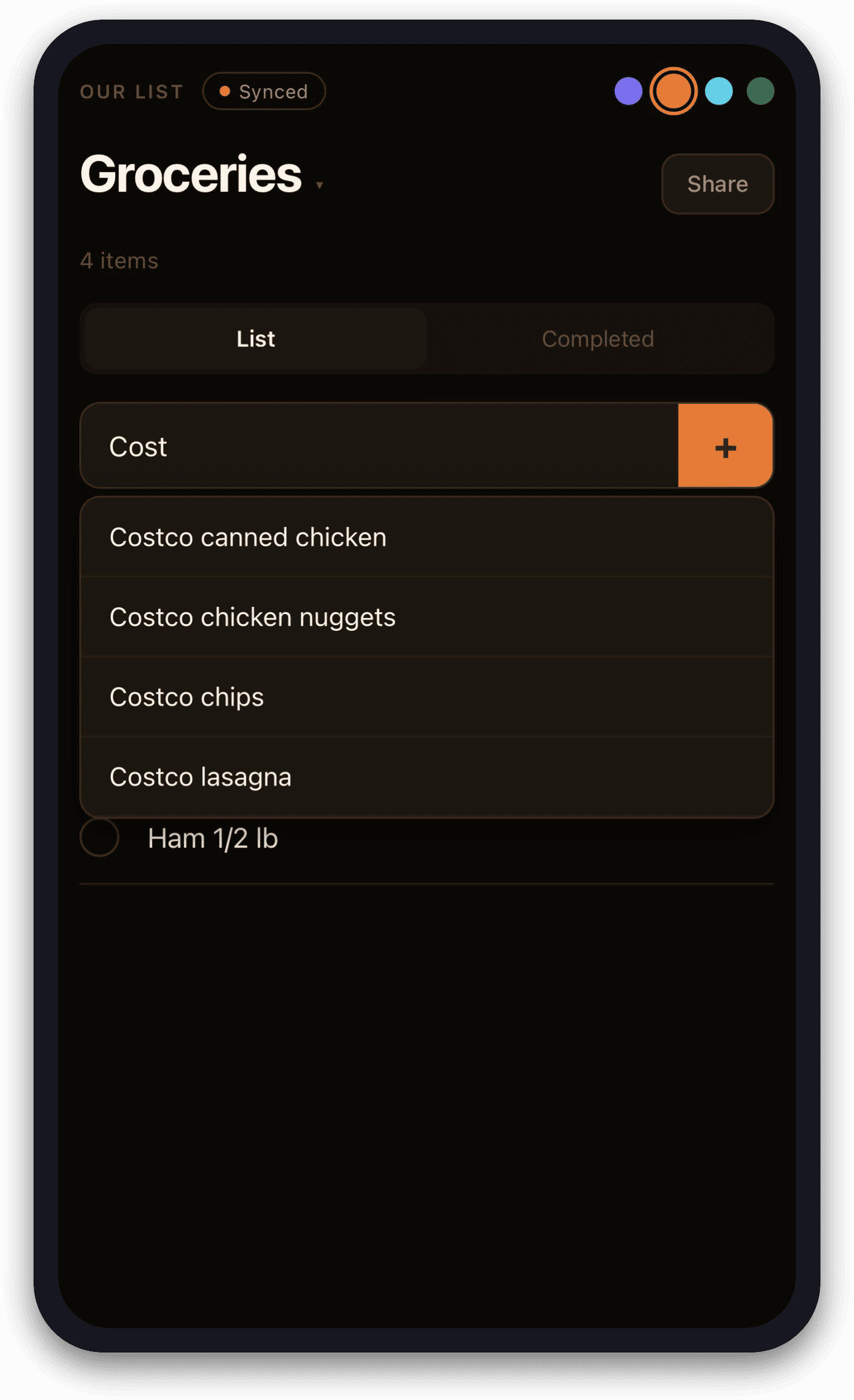 Quick add with autocomplete from past purchases.