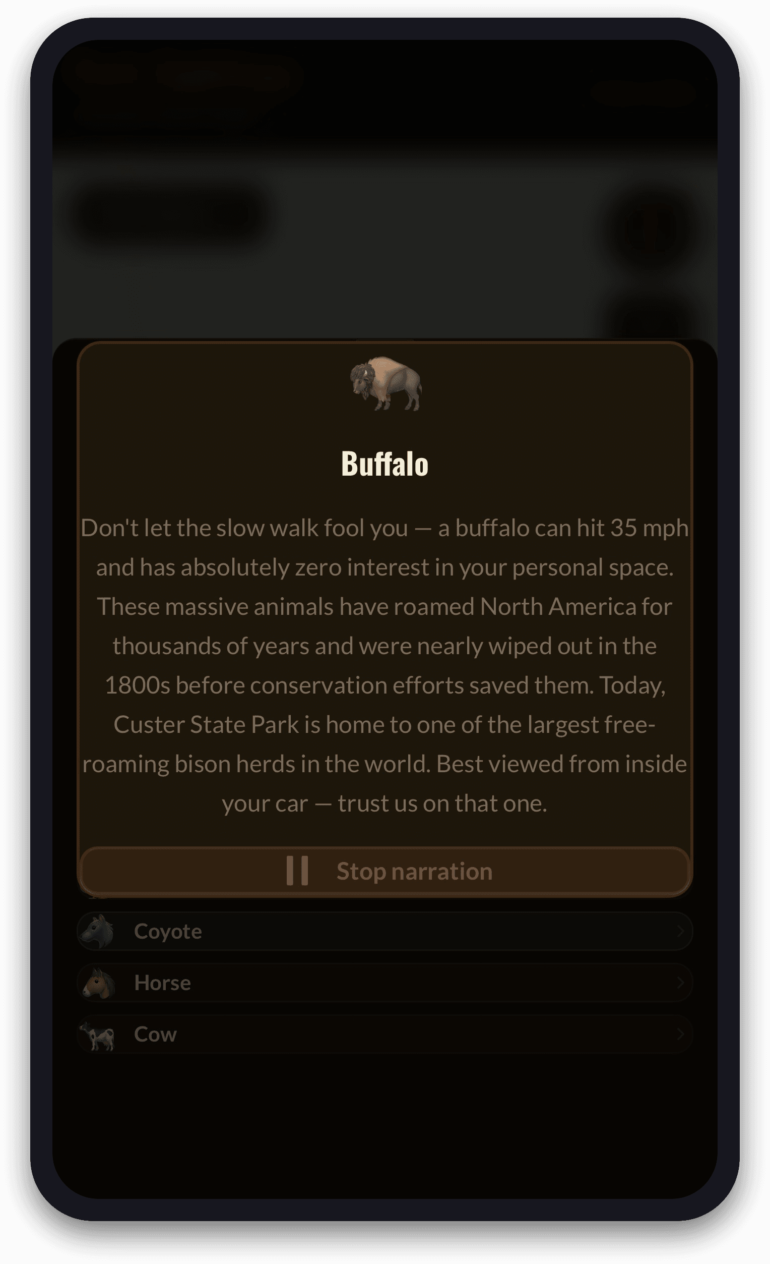 Tap any animal for a narrated bio — fun facts while you wait for a sighting.