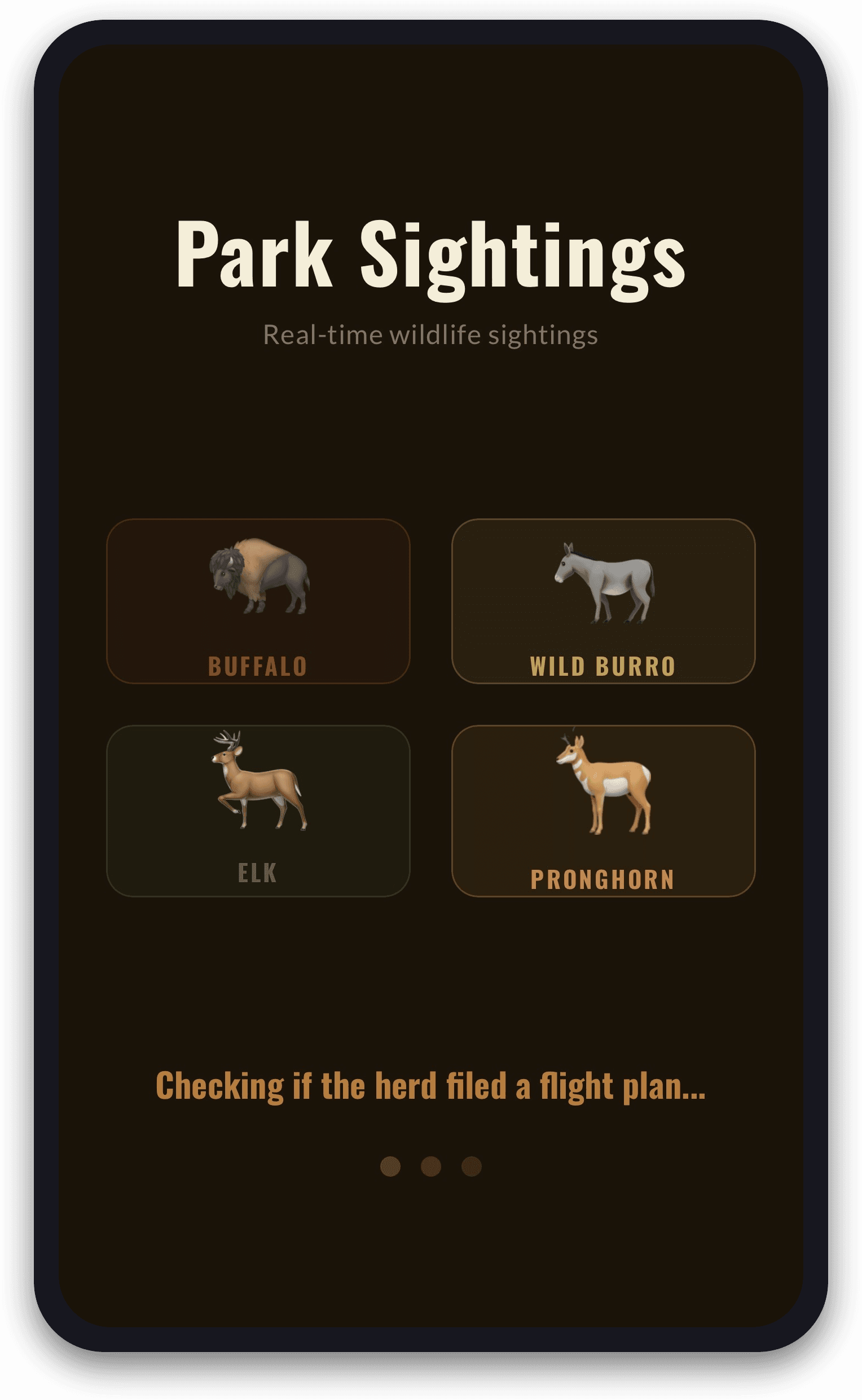 Pick a critter — Buffalo, Wild Burro, Elk, Pronghorn — and see who's out there right now.