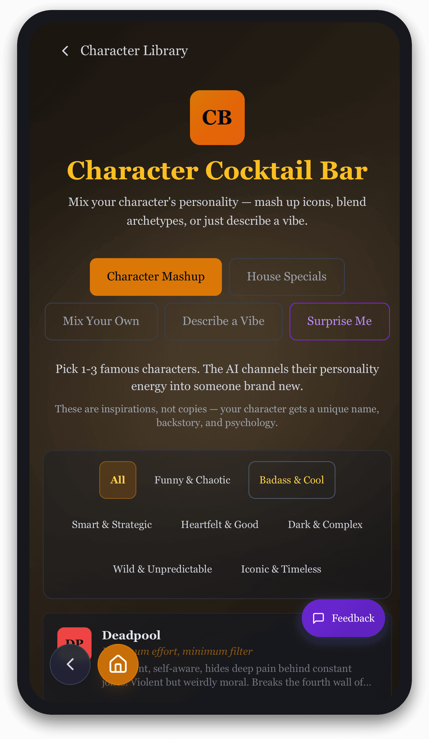 Character Cocktail Bar — mash up famous characters into a brand-new personality, unique name and backstory included.