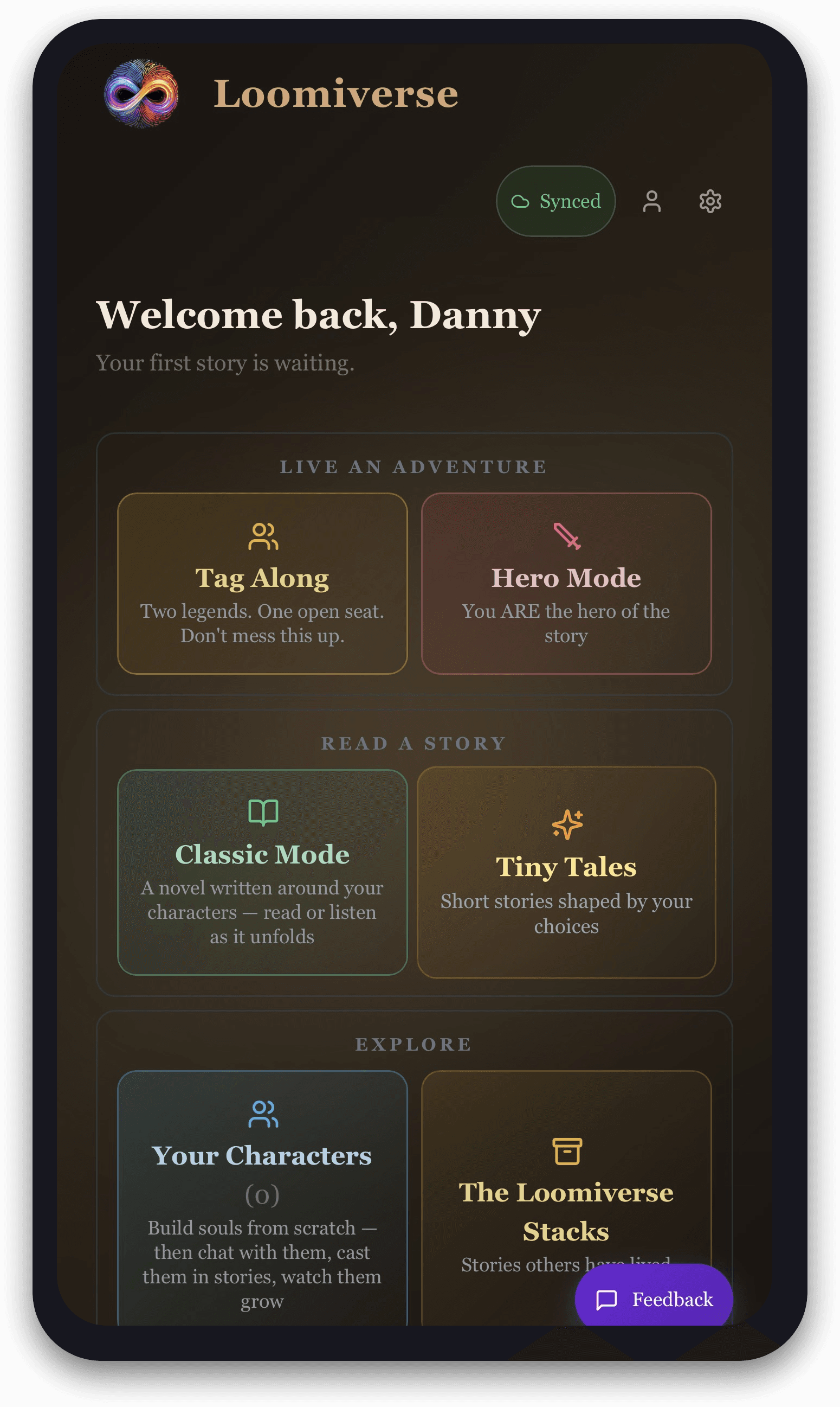 Home base — jump into an adventure, read a story, or explore your saved characters.