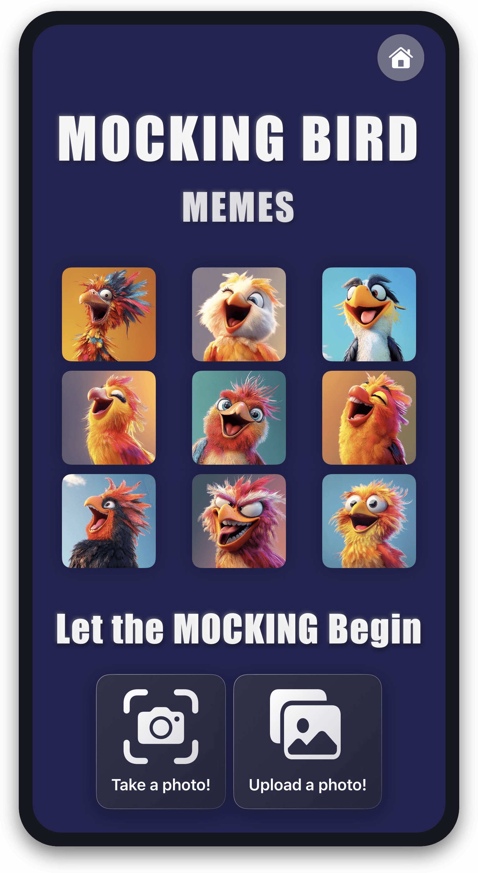 The home screen — snap or upload a photo and let the mocking begin.