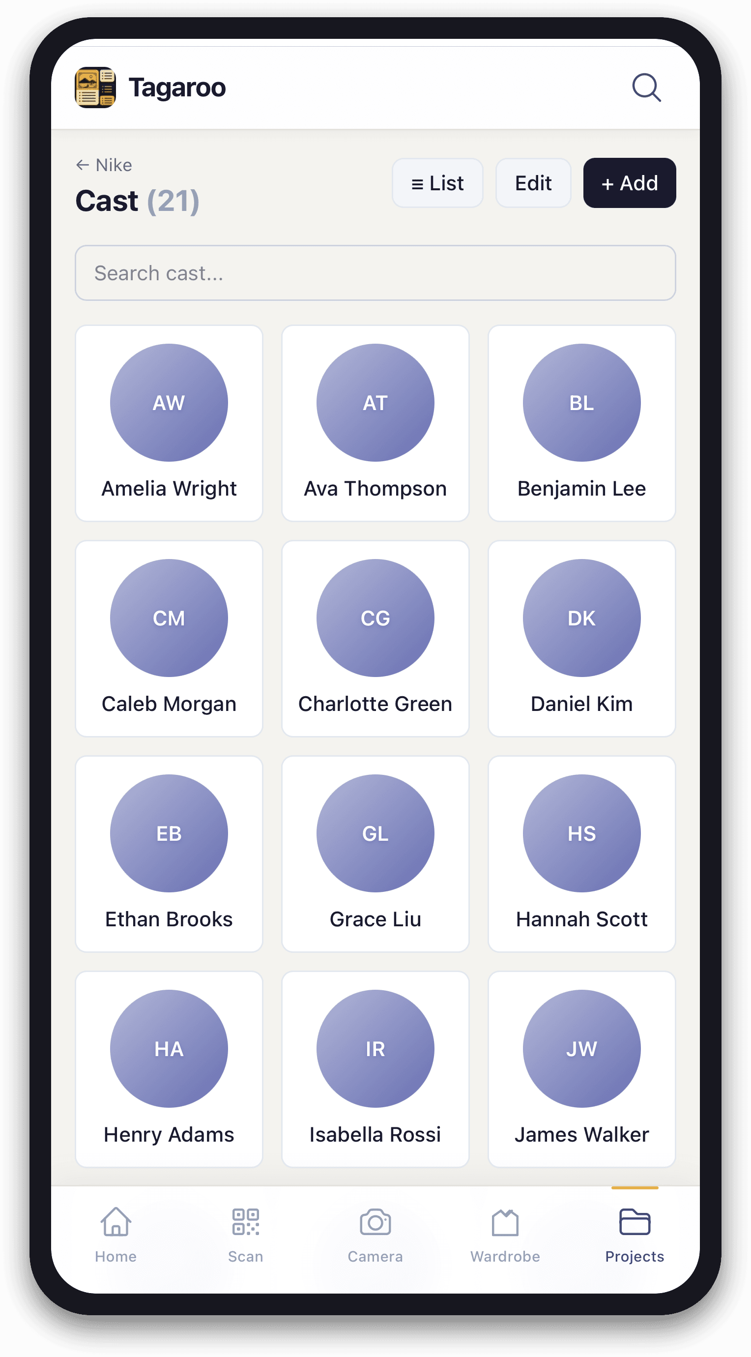 Full cast list at a glance — every name one tap away from their info.