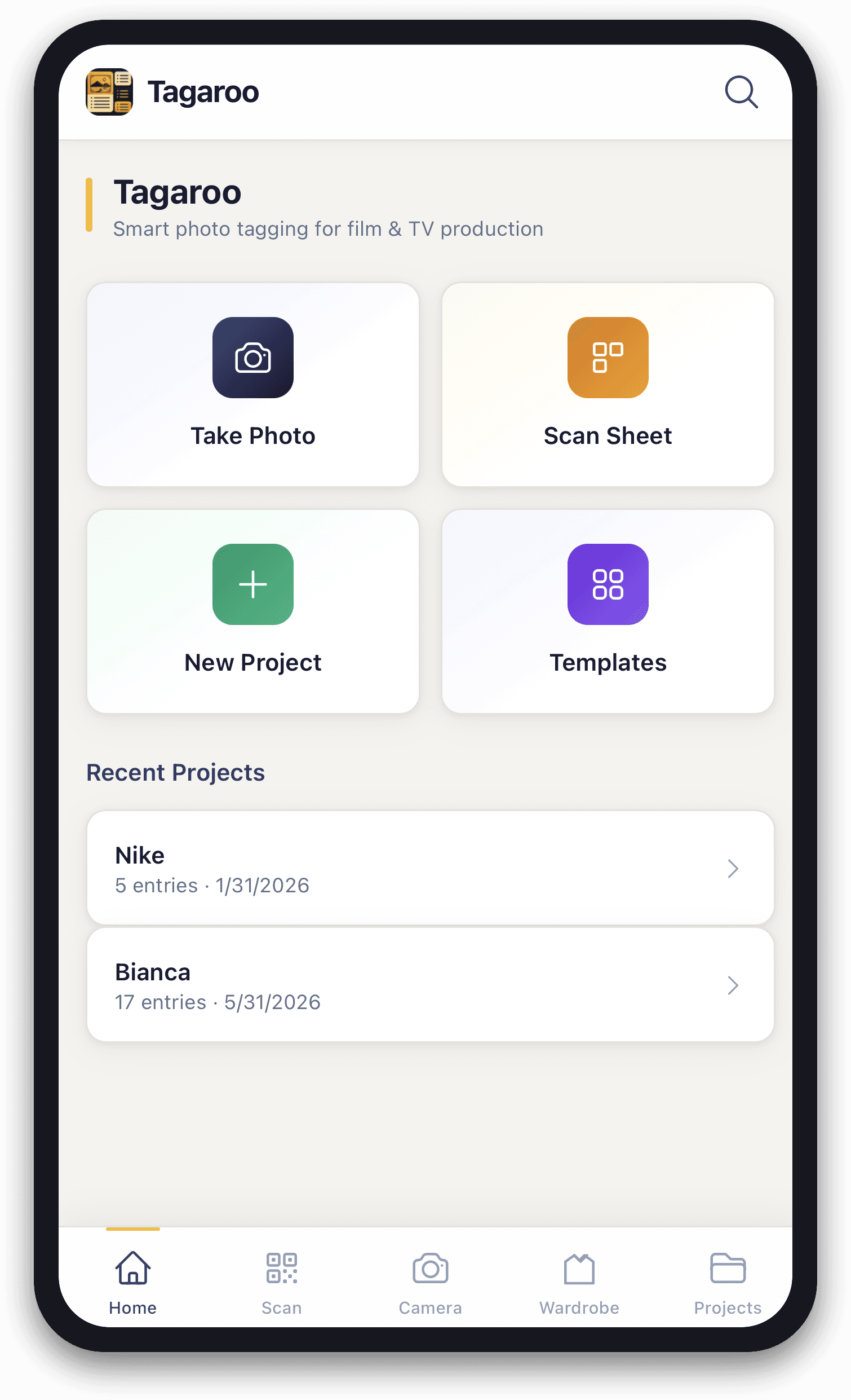 One tap to shoot, scan, or jump back into a project — no digging through folders.