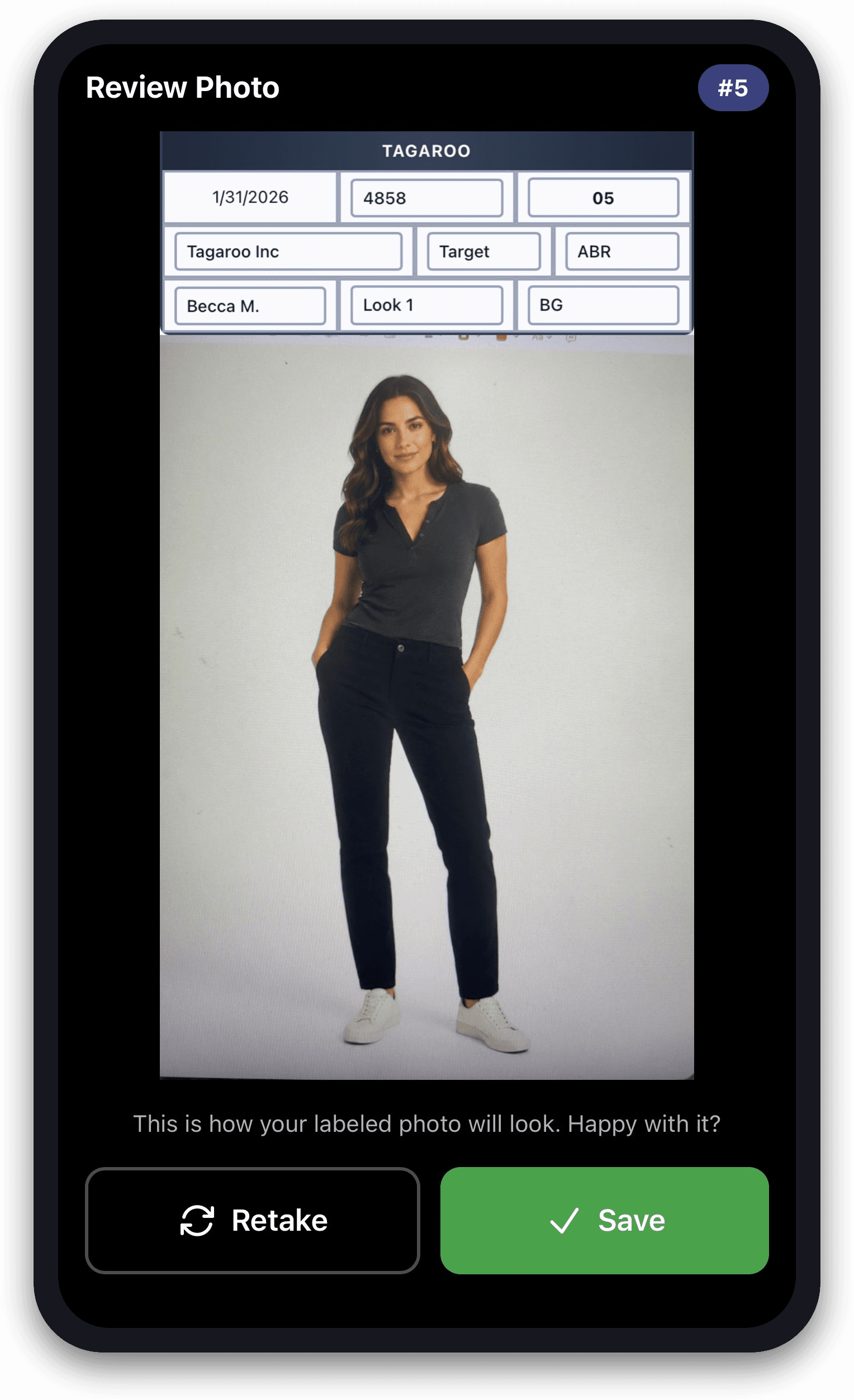 OCR reads the sheet and labels the photo automatically — check it, then save.