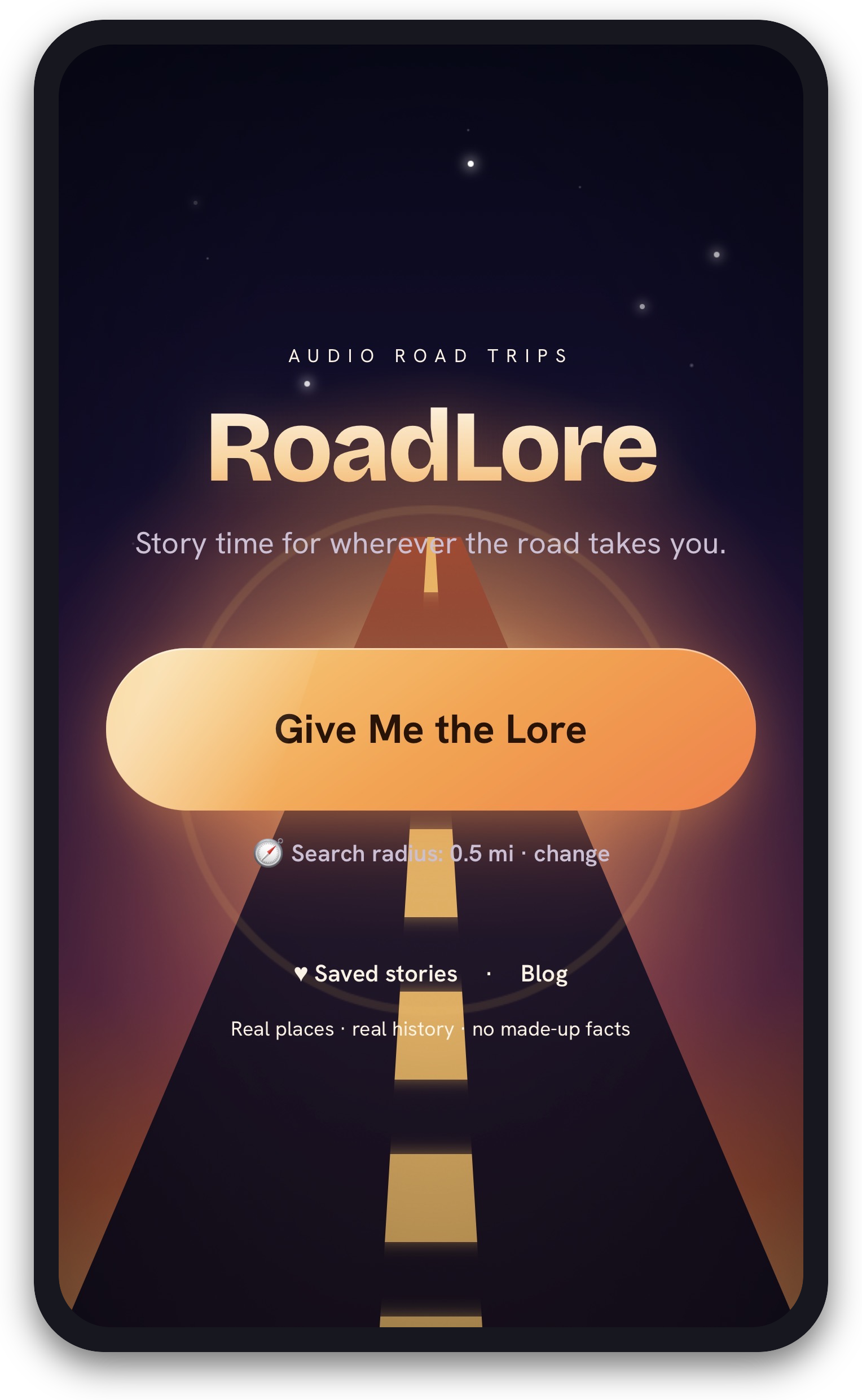 Road Lore app mockup